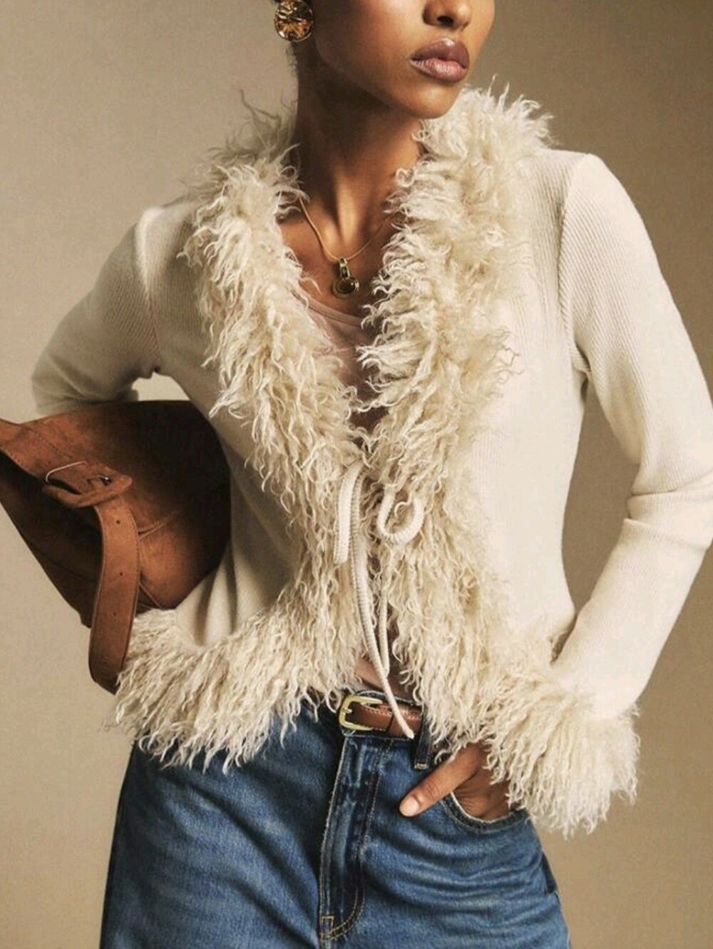 Women's Off-White Plush Trim Tie-Placket Elegant Blouse,Autumn Brunch Long - Picture 3 of 7